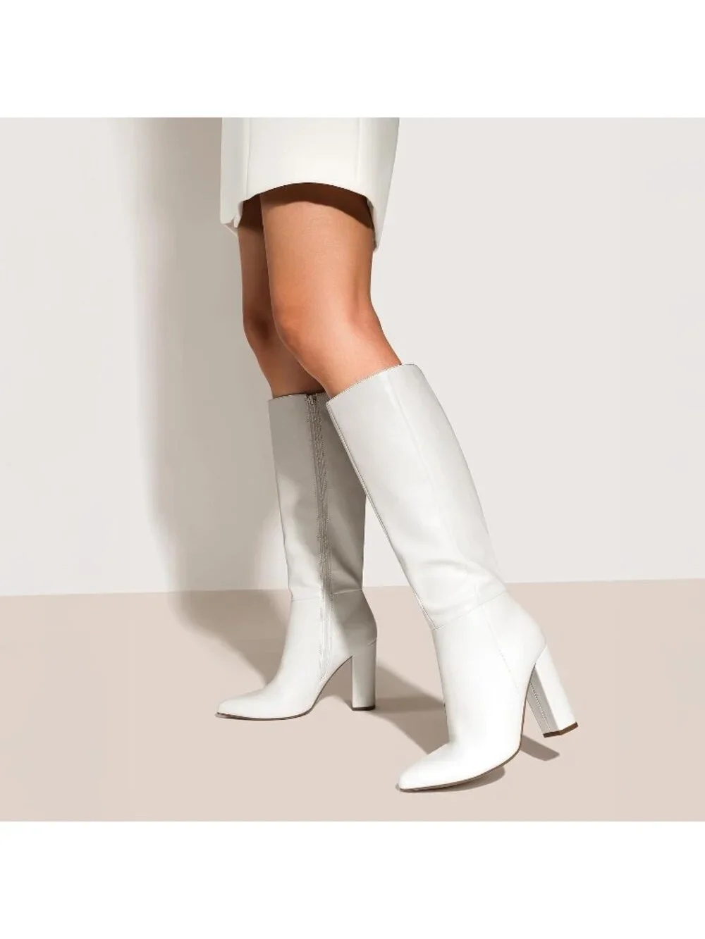 Women's White Faux Leather Chunky Heel Pointed Toe Side Zipper Knee High Boots